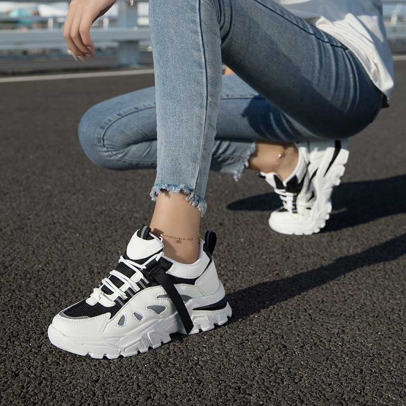 Women's white black strap decorated casual sport shoe sneaker 03